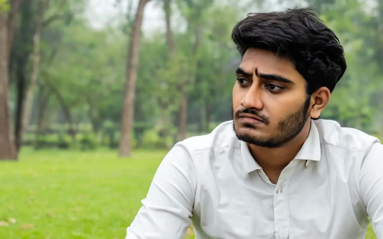 Indian male thinking sadly sitting in the park with a blur background