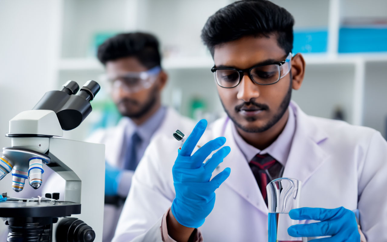 Indian male with a microscope in a blur lab finding wisdom