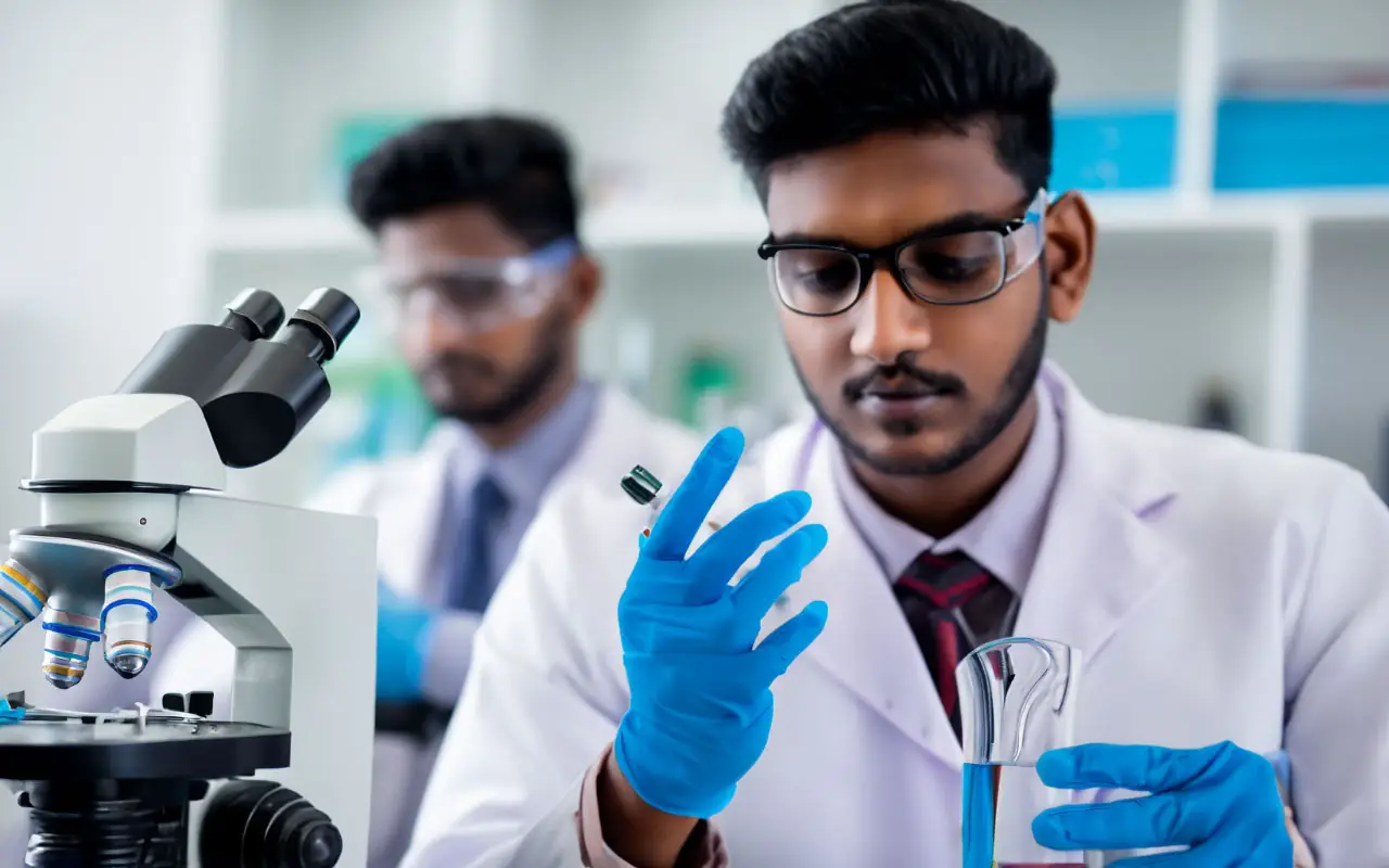 Indian male with a microscope in a blur lab finding wisdom